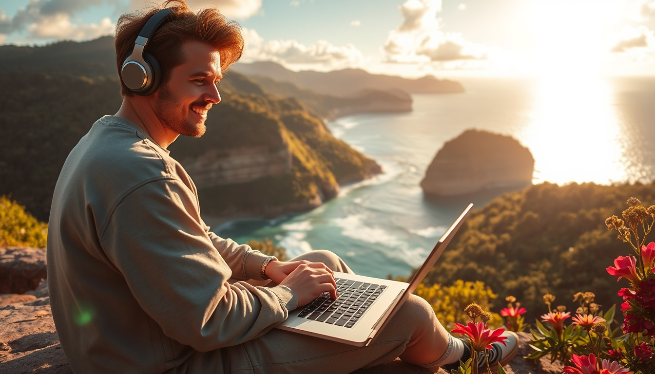 A man wearing headphones and using a laptop while sitting on a cliff overlooking a scenic ocean view with mountains in the background. The sun is setting, casting a warm glow over the landscape.